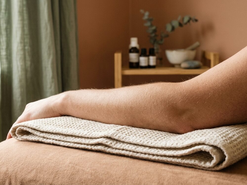 A forearm and elbow resting on a folded towel on a treatment couch