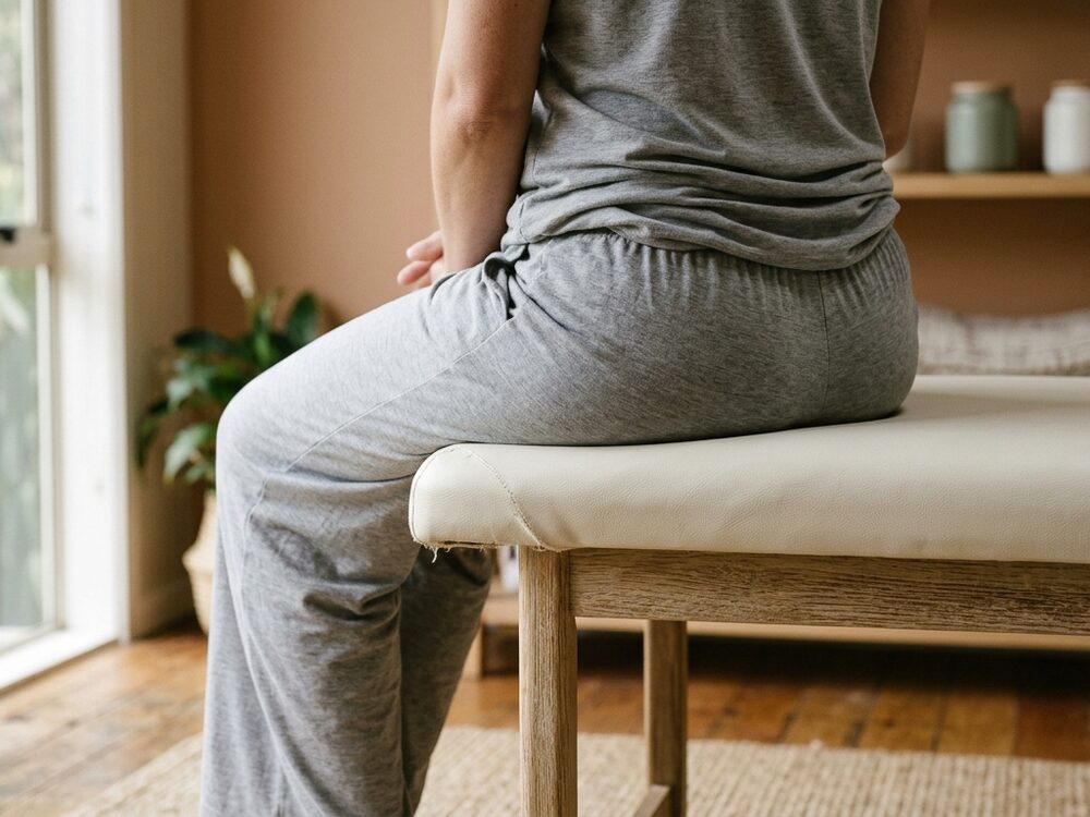 A person seated on the edge of a treatment couch in loose clothing