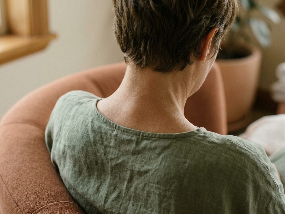 The neck and shoulder line of a person seated in a chair, seen from behind
