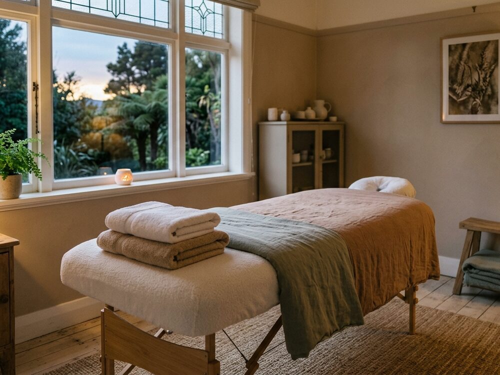 An empty treatment couch with folded linen beside a window at dusk