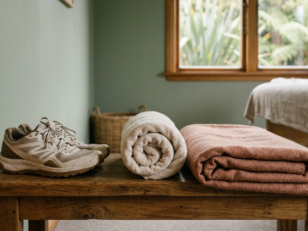 A running shoe and folded towels on a wooden bench in a treatment room