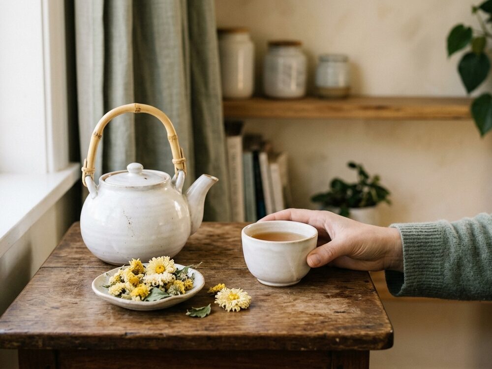 A ceramic teapot and cup of herbal tea beside dried chrysanthemum flowers