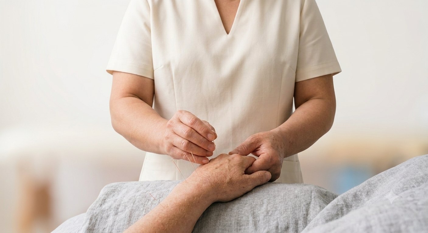 Acupuncture practitioner placing fine needles into a client's hand during a treatment session