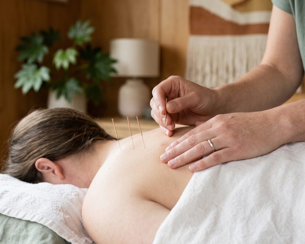 An acupuncturist placing a fine needle in a patient's upper back, three needles already in place, the patient lying face down under a white towel