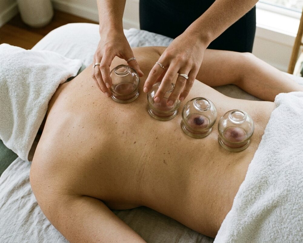 A practitioner placing traditional glass cupping jars along a patient's back, holding two in position while two others rest further down, white towels draped either side and no face in frame