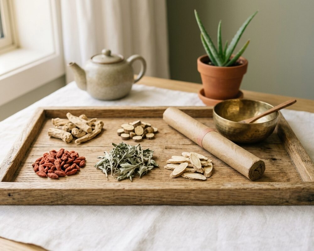 A tray of dried Chinese herbs beside a rolled moxa stick
